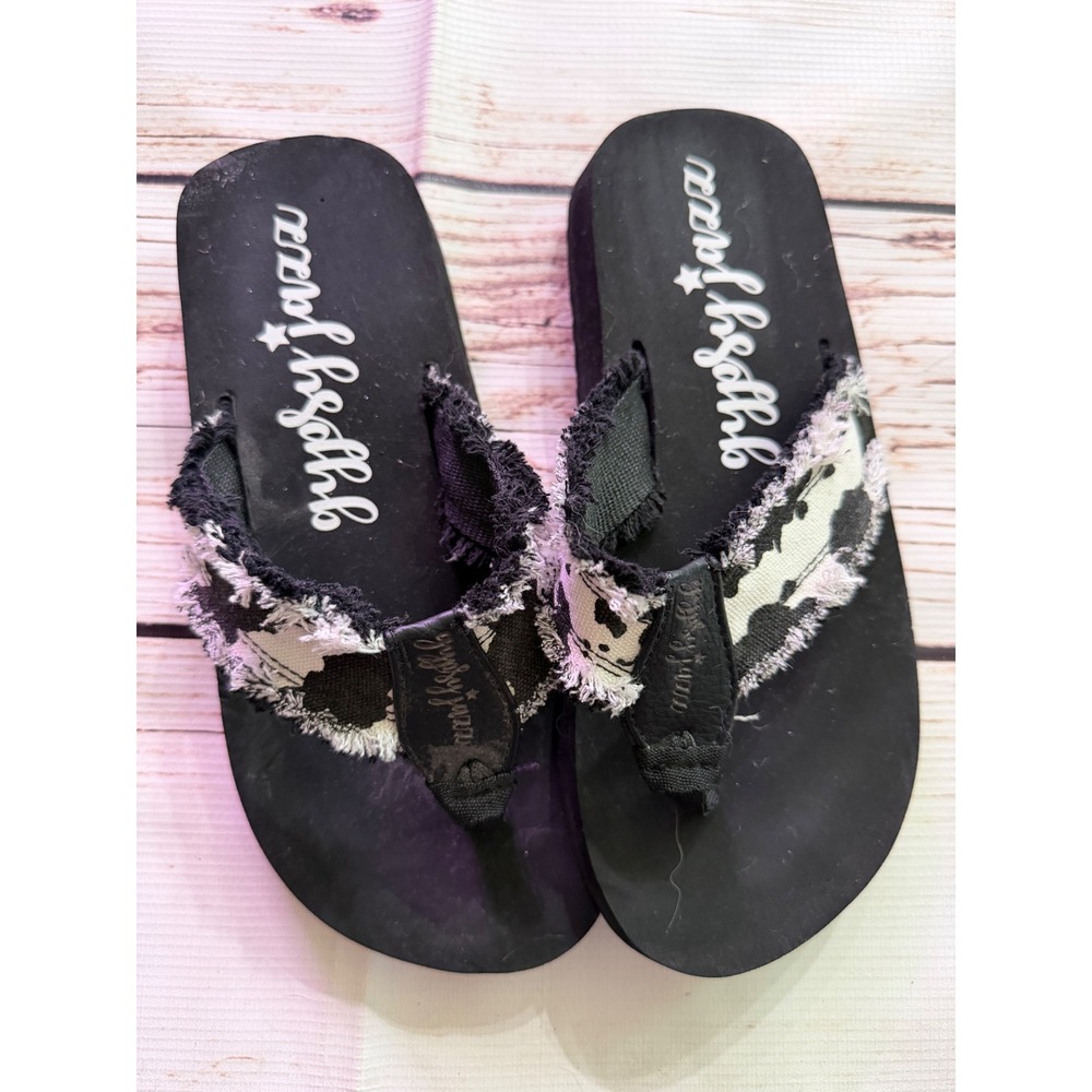 Gypsy Jazz Cow Print Frayed Platform Flip Flop Sandals Black White Women Size 7